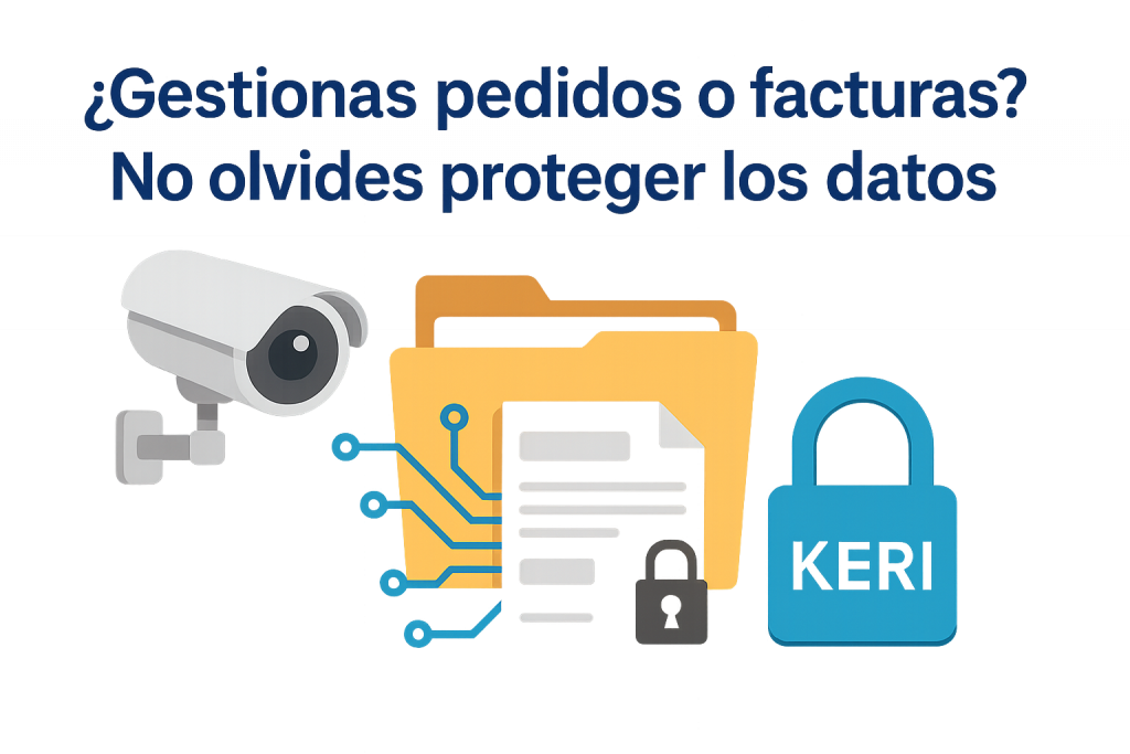 Imagen que ilustra protección de datos con cámara de videovigilancia, carpetas electrónicas y candado azul con el logo de Keri Data Solutions S.l